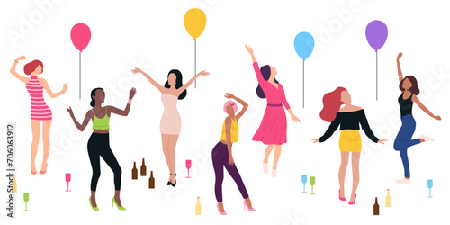 Many women dancing at party on white background