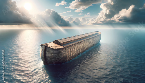 Elevated View of Noah's Ark on Vast Ocean under a Sunlit Sky