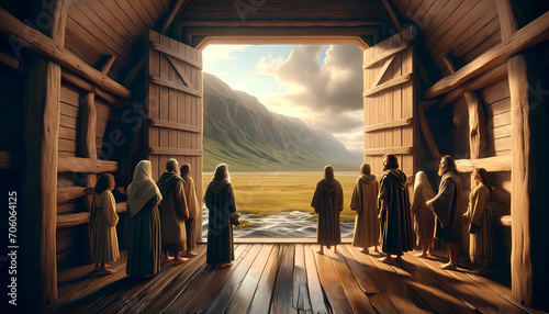 Dawn of New Beginnings: Noah and his Family Gazing upon dry Land from The Ark's Doorway.