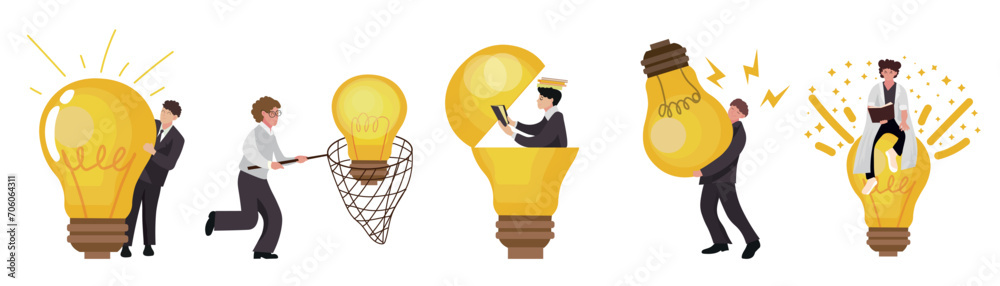 Set of businessmen and big light bulbs on white background. Concept of idea
