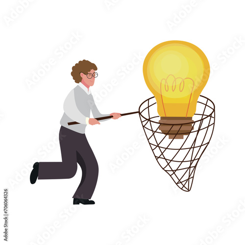 Businessman with big light bulb in landing net on white background. Concept of idea