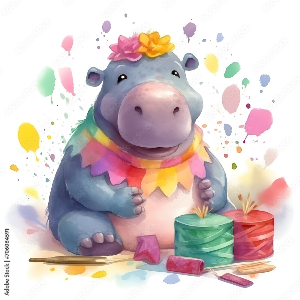 please create watercolor clipart of a hippo, smiling, wearing party prop, colorful