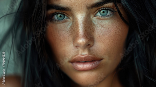 Extreme closeup of a gorgeous and glamorous model. A sun worshipper with a deep tan and piercing blue eyes. © Daniel L