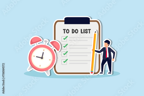 To do list, task management or completion tracking or reminder to finish assignment, work planning or schedule concept, productive businessman with pencil and to do list clipboard with alarm clock.