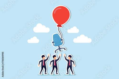 Candidate grabbing vacancy chair, human resources, HR recruitment concept, candidates hand trying to grab office chair flying in the air with balloon.