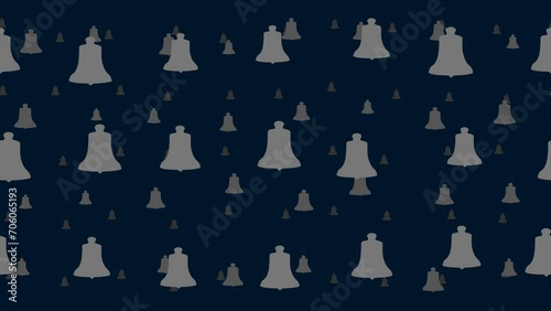 Vintage bell symbols float horizontally from left to right. Parallax fly effect. Floating symbols are located randomly. Seamless looped 4k animation on dark blue background photo