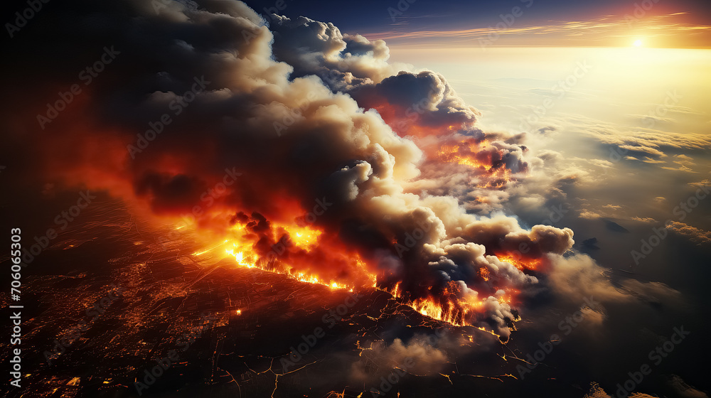 Apocalyptic view of an intense wildfire from above