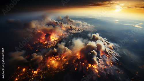 Aerial spectacle of a wildfire at sunset