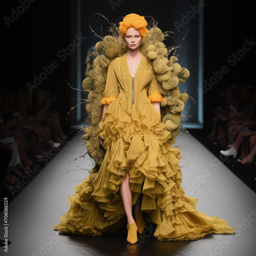 Fashion model wearing super creative clothes walks and posing on the runway photo