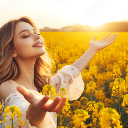 A beautiful woman standing in a yellow flower garden announcing spring is feeling nature to her heart's content. Generative AI photo