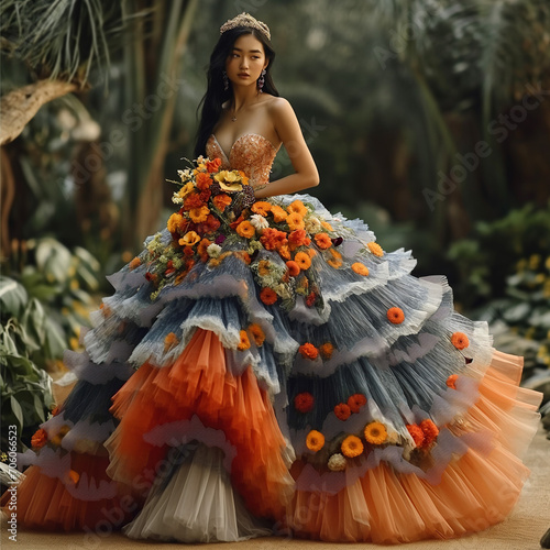 Fashion model wearing floral dress walks and posing on the runway