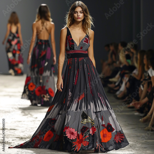 Fashion model wearing floral dress walks and posing on the runway