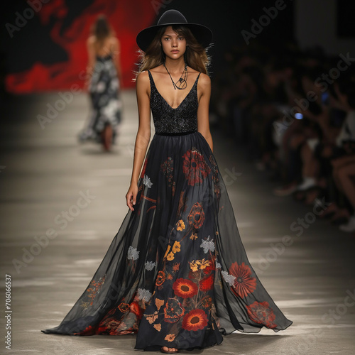 Fashion model wearing floral dress walks and posing on the runway