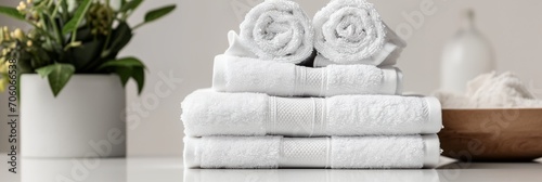 Clean, freshly laundered towels against the backdrop of a modern interior bathroom.