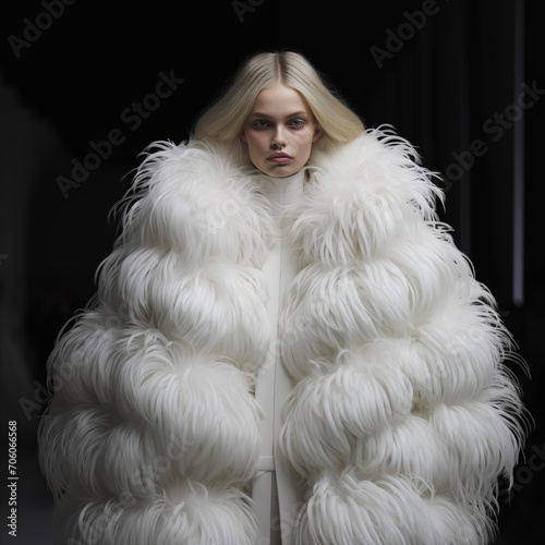 Fashion model wearing fur coat on grey background walks and posing on the runway