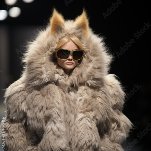 Fashion model wearing fur coat on grey background walks and posing on the runway