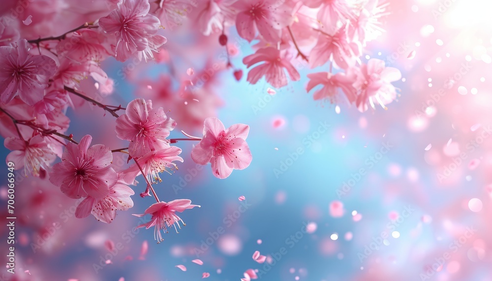 cherry blossom background, flying flowers on pink and blue background in illustration