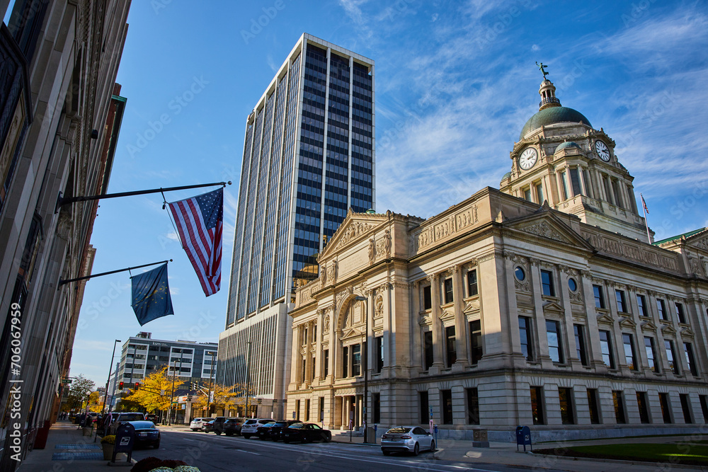 Historical Courthouse and Modern Skyscraper in Urban America