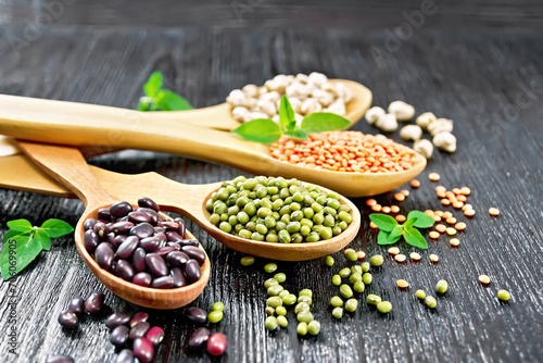 Lentils with chickpeas and beans in spoons on board