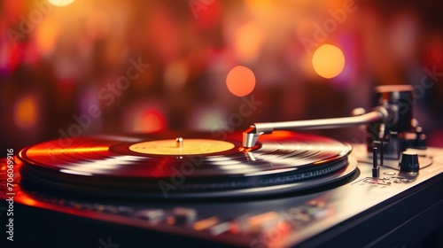 Closeup of a vinyl record spinning on a turntable, representing the resurgence of retro music and vintageinspired fashion in pop culture.