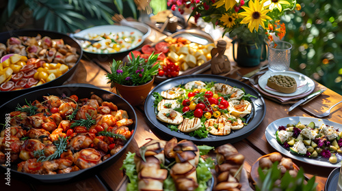 party table with typical food dishes photo