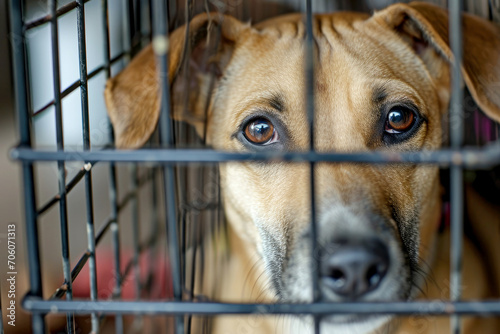 close up Sad large dogs caught in cage. Generative AI © Phichitpon