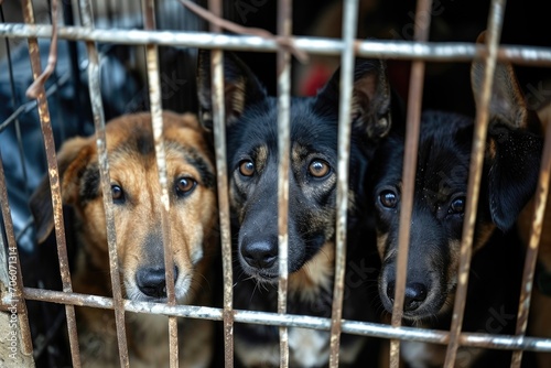 close up Sad large dogs caught in cage. Generative AI