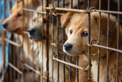 close up Sad large dogs caught in cage. Generative AI