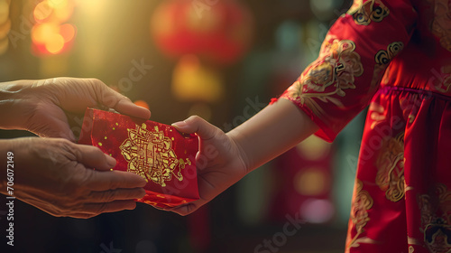 family members give or receive angpao photo