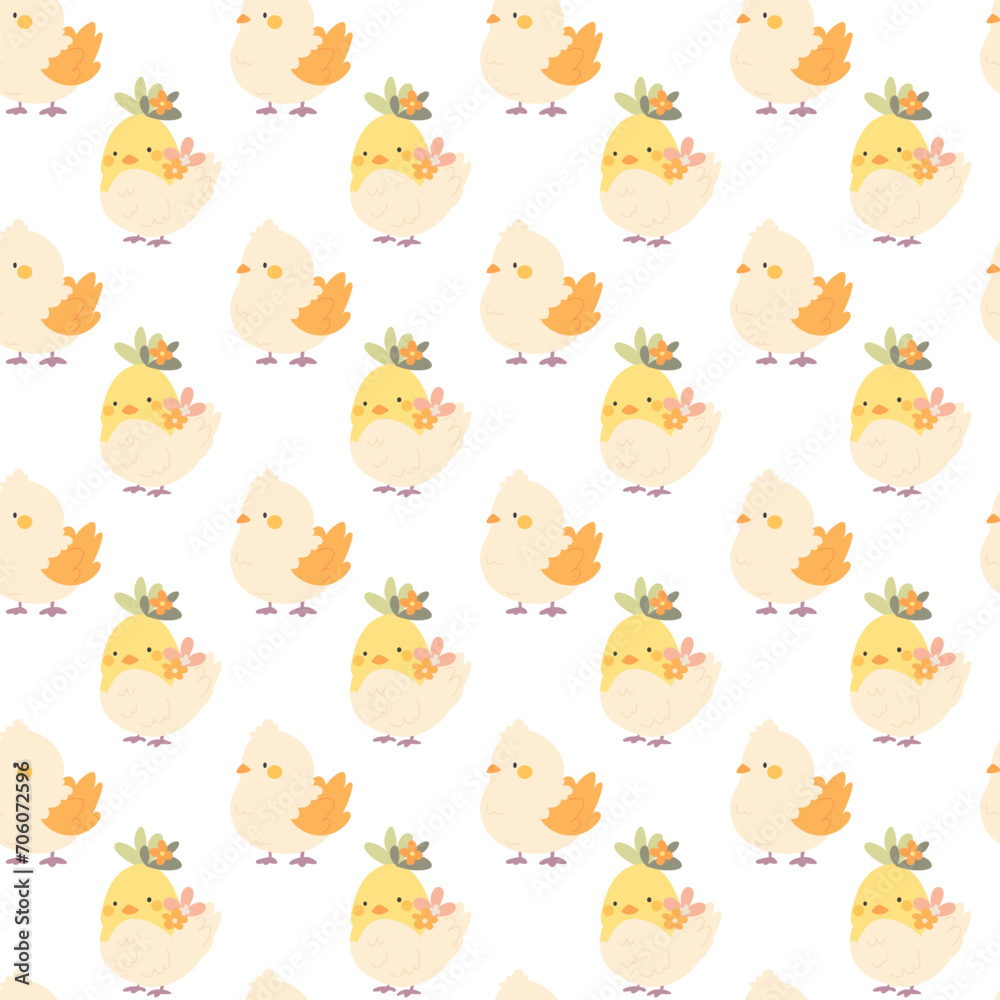 Seamless pattern of cute cartoon chickens. Funny yellow chickens in different poses, vector