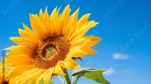 Close-up of a sunflower  its golden petals in sharp focus against a clear azure sky.