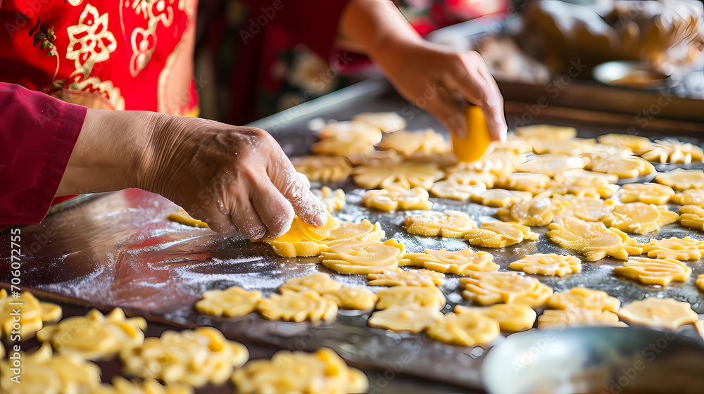 family makes or decorates typical Chinese New Year cookies