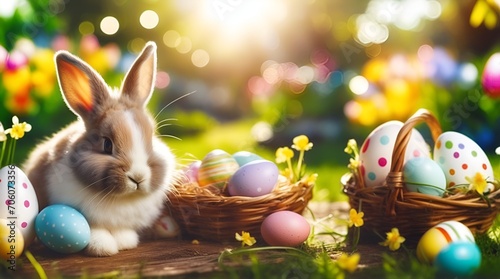 fluffy bunny surrounded by vibrant Easter eggs frolicking in a picturesque spring park