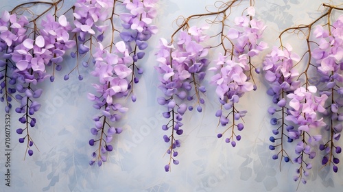 Close-up of delicate wisteria vines in shades of lavender and lilac against a seamless periwinkle background.