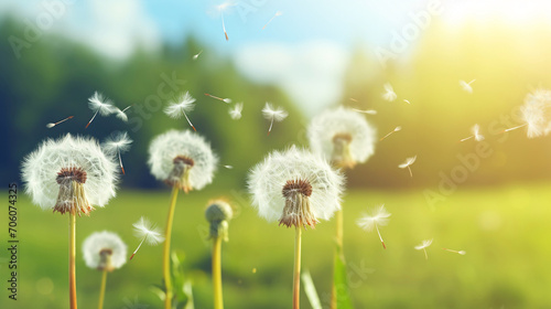 風で飛ぶたんぽぽの綿毛、春の野原の自然風景 photo