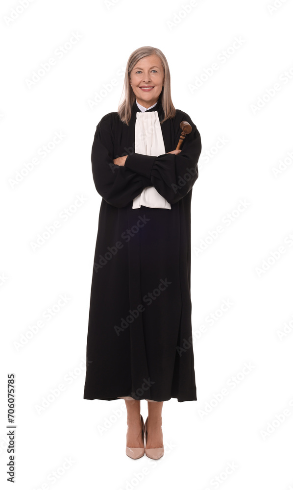 Smiling senior judge with gavel on white background Smiling senior judge with gavel on white background