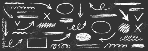 Chalk scribble arrow, line brush set. Crayon arrow, underline, handwritten mark check elements. Vector hand drawn scribble crayon, marker sketch brush texture. Rough chalk vector illustration