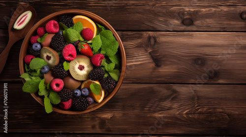 Top view a bowl of fruits and vegetables sits on a wood background.