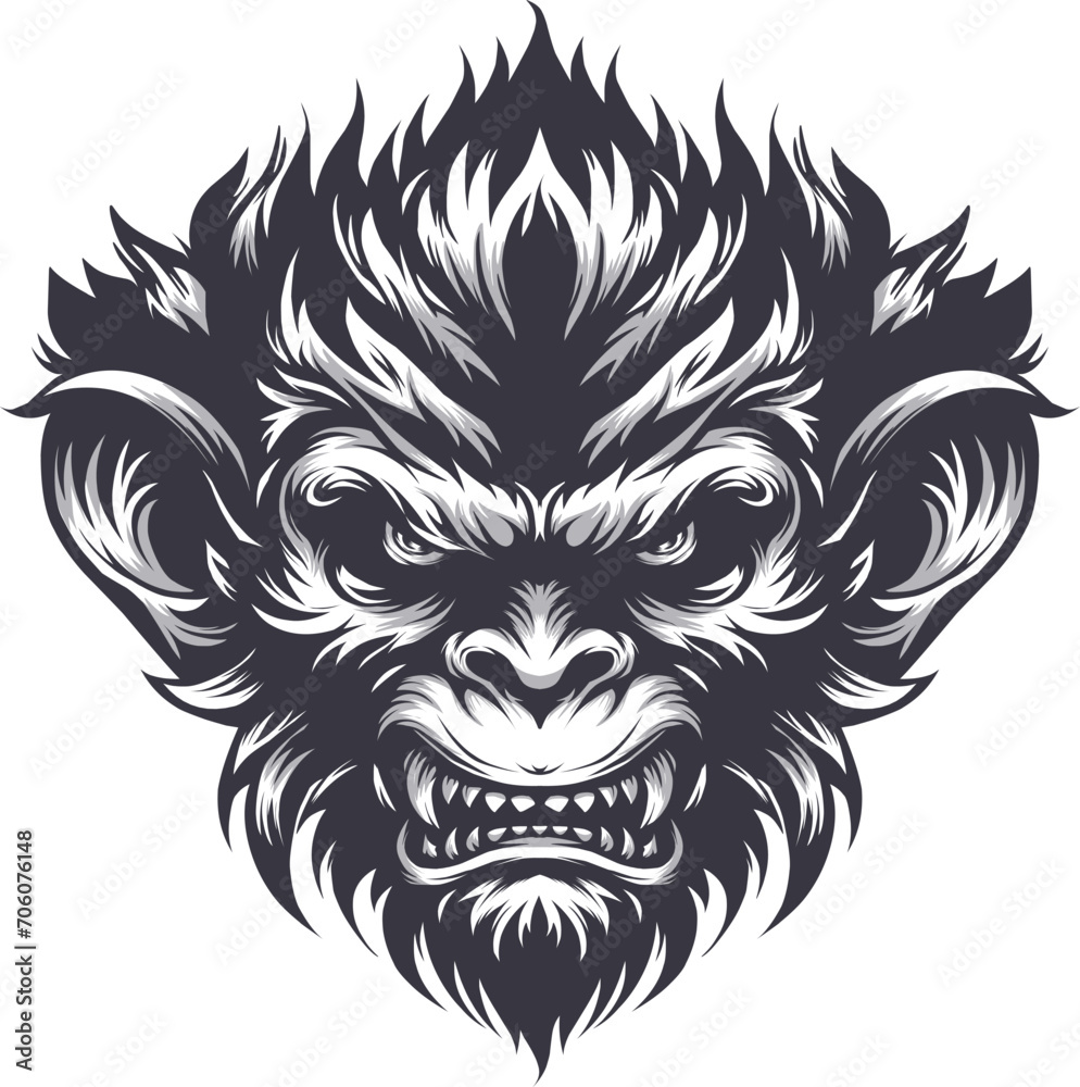 Fototapeta premium Monkey Head Tattoo Logo T-Shirt Design Vector - Stylish Primate Graphic for Trendy Apparel