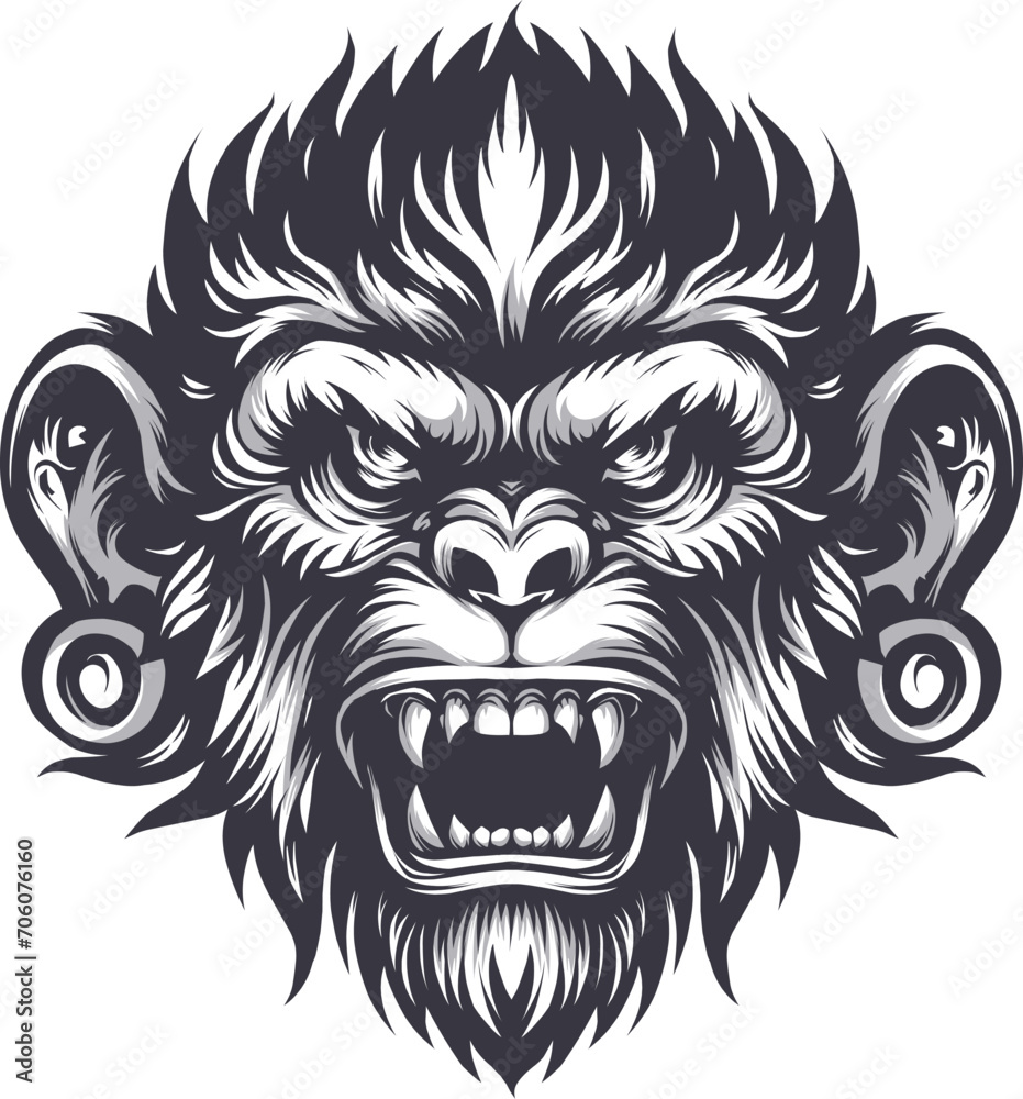 Monkey Head Tattoo Logo T-Shirt Design Vector - Stylish Primate Graphic for Trendy Apparel