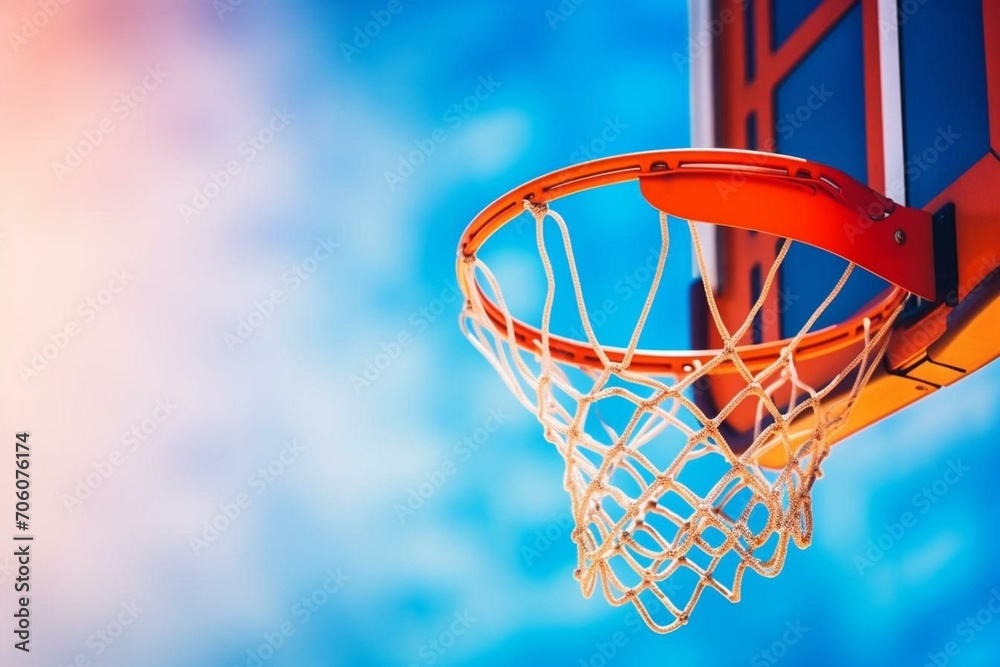 Closeup of basketball falling through hoop against blue sky background. Symbolic of success, scoring, and victory. Copy space. Generative AI
