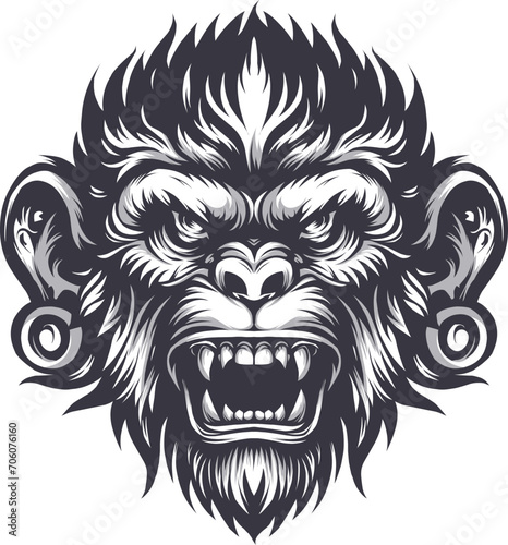 Fototapeta Naklejka Na Ścianę i Meble -  Monkey Head Tattoo Logo T-Shirt Design Vector - Stylish Primate Graphic for Trendy Apparel