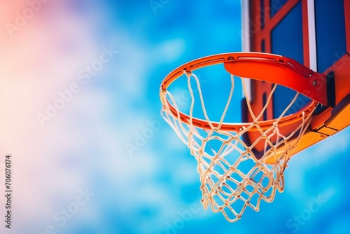 Closeup of basketball falling through hoop against blue sky background. Symbolic of success, scoring, and victory. Copy space. Generative AI © Isabella
