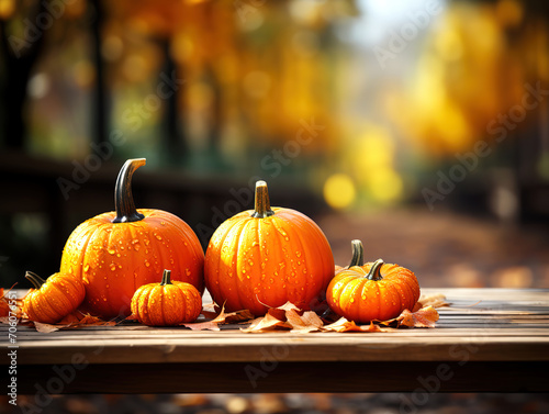 Wonderful Festive autumn decor of pumpkins  on wooden table  Wide banner of Thanksgiving day