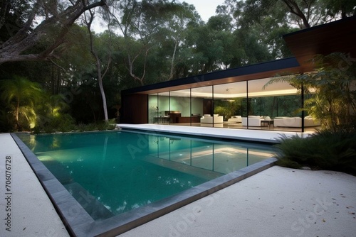 Tranquil hideaway: glimpse into modern residence with stunning pool. Generative AI © Lyra