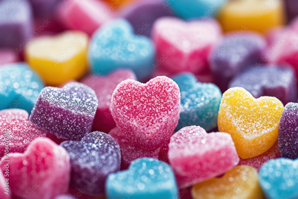 Gummy heart shaped candies. Generative AI. Gummy heart shaped candies. Generative AI.