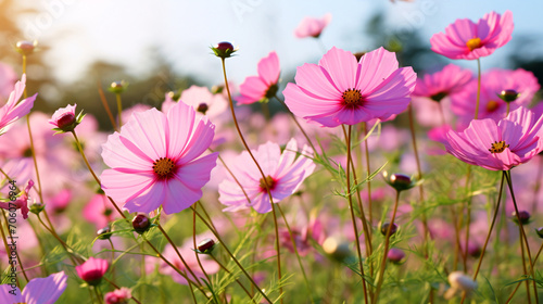 ピンク色のコスモスの花、 野原と空の自然風景