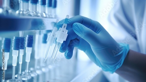 Macro shot of a pharmacists glovecovered hand using a dropper to carefully measure out drops of liquid medication for a customized dose.