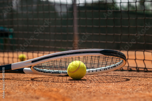 Tennis racket and ball on a dirt court © PEDROMERINO