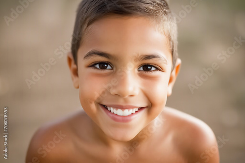 Happy boy in the outskirts, poor neighborhood or favela. Artificial image representing reality in regions of Brazil and Latin America. AI generated image.